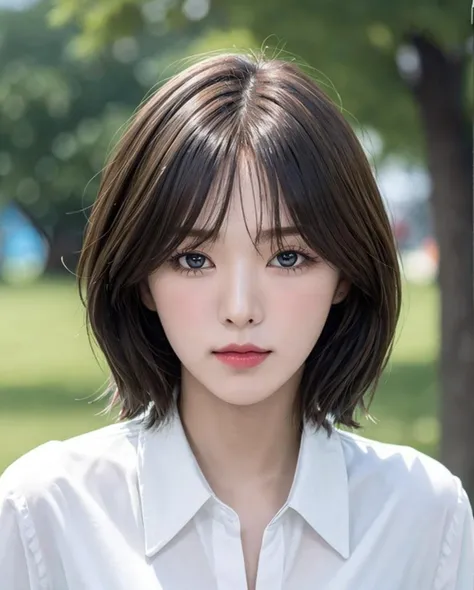pureerosface_v1, best quality, photorealistic, 8k, high res, full color, 1girl, woman, 20 years old woman, (closed mouth:1.73), (skindentation), (portrait:0.6), trees, park bench, daylight, ((park background:1.52)), full color, ((whitebuttonedshirt:1.58)), looking at viewer:1.8, (1girl eyes looking at viewer:1.55), (medium hair, brownhair, partedbangs:1.45), (bokeh), <lora:AAW-wendy2:0.69>