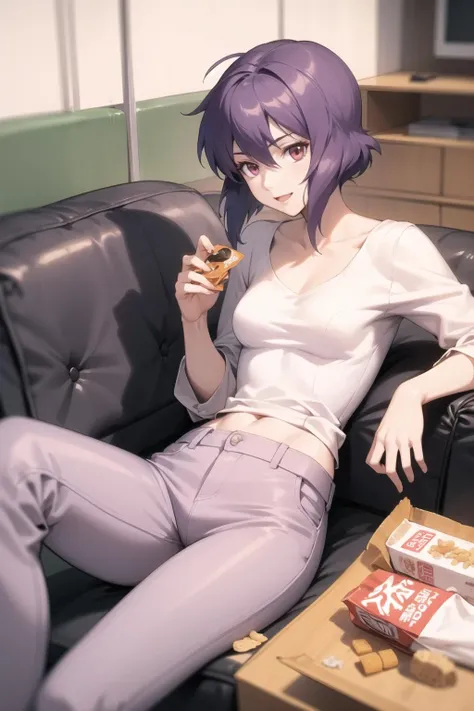 <lora:kusanagi-000010:1> kusanagi motoko,
small breasts,
casual, pants, messy hair, happy, snack, sofa, living room