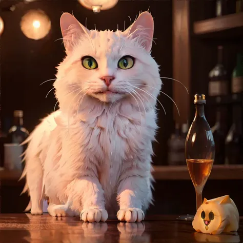 Cat with golden eyes pink colour ask The owner of bar ( male in black clothes and white beard) for job