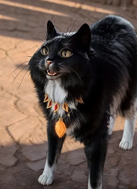a  duo black cat,"<lora:BDG3CT2:0.7>",bgcats,4k,at distance,(orange legendary necklace:1.3),closed mouth