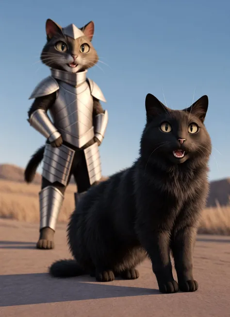 a duo black cat,<lora:BDG3CT:0.5>,bgcats,4k,at distance,(cat armor:1.3),open mouth,