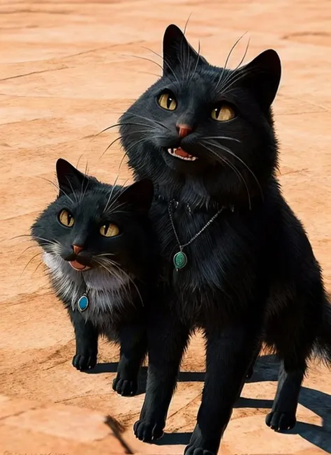 a duo black cat,<lora:BDG3CT1:0.7>,bgcats,4k,at distance,(necklace:1.3),yawn,