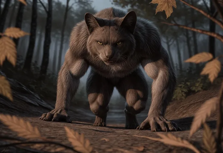 a werewolf in a sunlit forest searching the grass and dirt, highly detailed, 8K, solo, male, full body, stalking pose, nose near the ground, two-tone fur, yellow eyes,