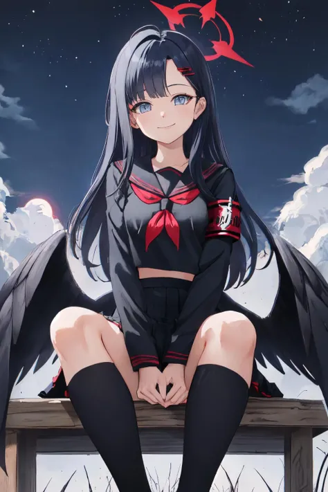 ichika ba, 1girl,solo, closed mouth, black footwear, pleated skirt, moon, black socks, red neckerchief, armband, sky, kneehighs, low wings, full moon, school uniform, halo, long sleeves, long hair, black hair, hair ornament, black skirt, black serafuku, looking at viewer, smile, night, sitting, feathered wings, outdoors, hairclip <lora:ichika_ba:1>