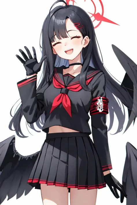 ichika ba, black choker, serafuku, solo, ahoge, pleated skirt, gloves, black shirt, wings, blush, ^_^, red neckerchief, black gloves, armband, cowboy shot, facing viewer, low wings, school uniform, neckerchief, :d, halo, long sleeves, simple background, waving, long hair, choker, black hair, hair ornament, black sailor collar, 1girl, black skirt, black serafuku, hand up, skirt, closed eyes, smile, white background, black wings, open mouth, sailor collar, hairclip <lora:ichika_ba:1>