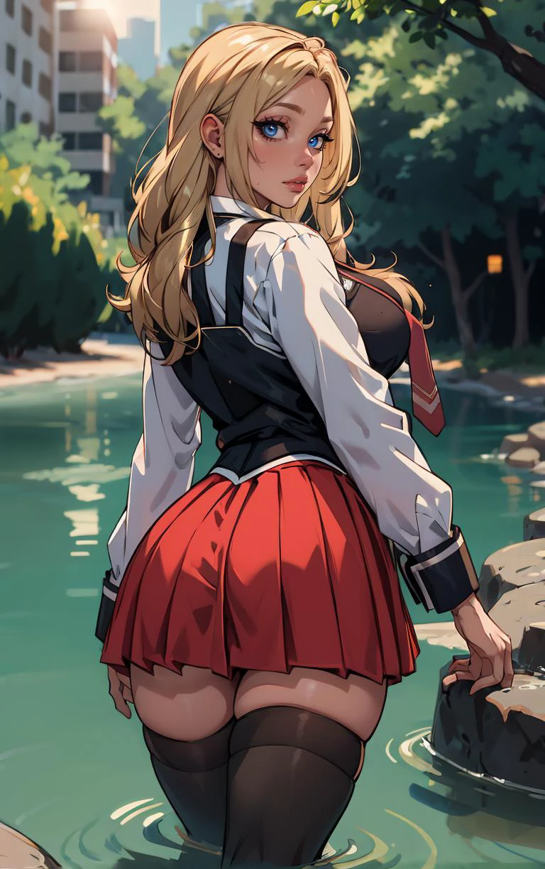 ((masterpiece, best quality)), insaneres, absurdres, solo, outdoors,
CLOTHING_BibleBlack_SchoolDress_ownwaifu,
1girl, blonde hair, long hair, blue eyes,
black vest, red skirt, white shirt, collared shirt, suspenders, school uniform, black thighhighs, zettai ryouiki, necktie, long sleeves, pleated skirt, red necktie,
(wading, looking back), water,<lora:CLOTHING_BibleBlack_SchoolDress_ownwaifu:0.75>,
lens flare, depth of field, bokeh, embers, vanishing point, looking at viewer,