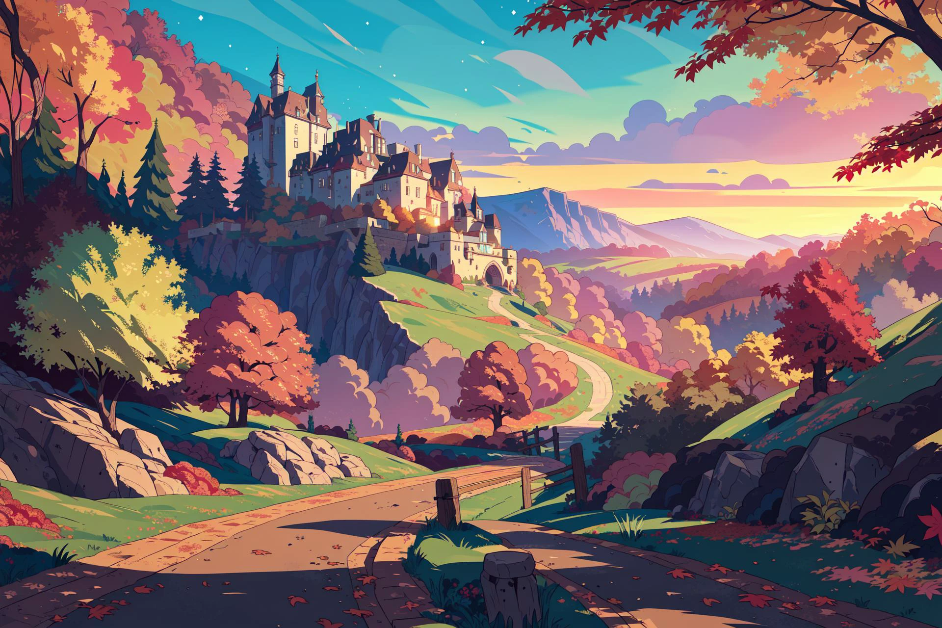 (masterpiece,best quality,absurdres,beautiful,aesthetic,detailed),no humans,landscape,autumn leaves,forest,sunset,stony path leading to a castle on a distant mountain, <lora:Vivid_Setting:0.7> vivid_setting