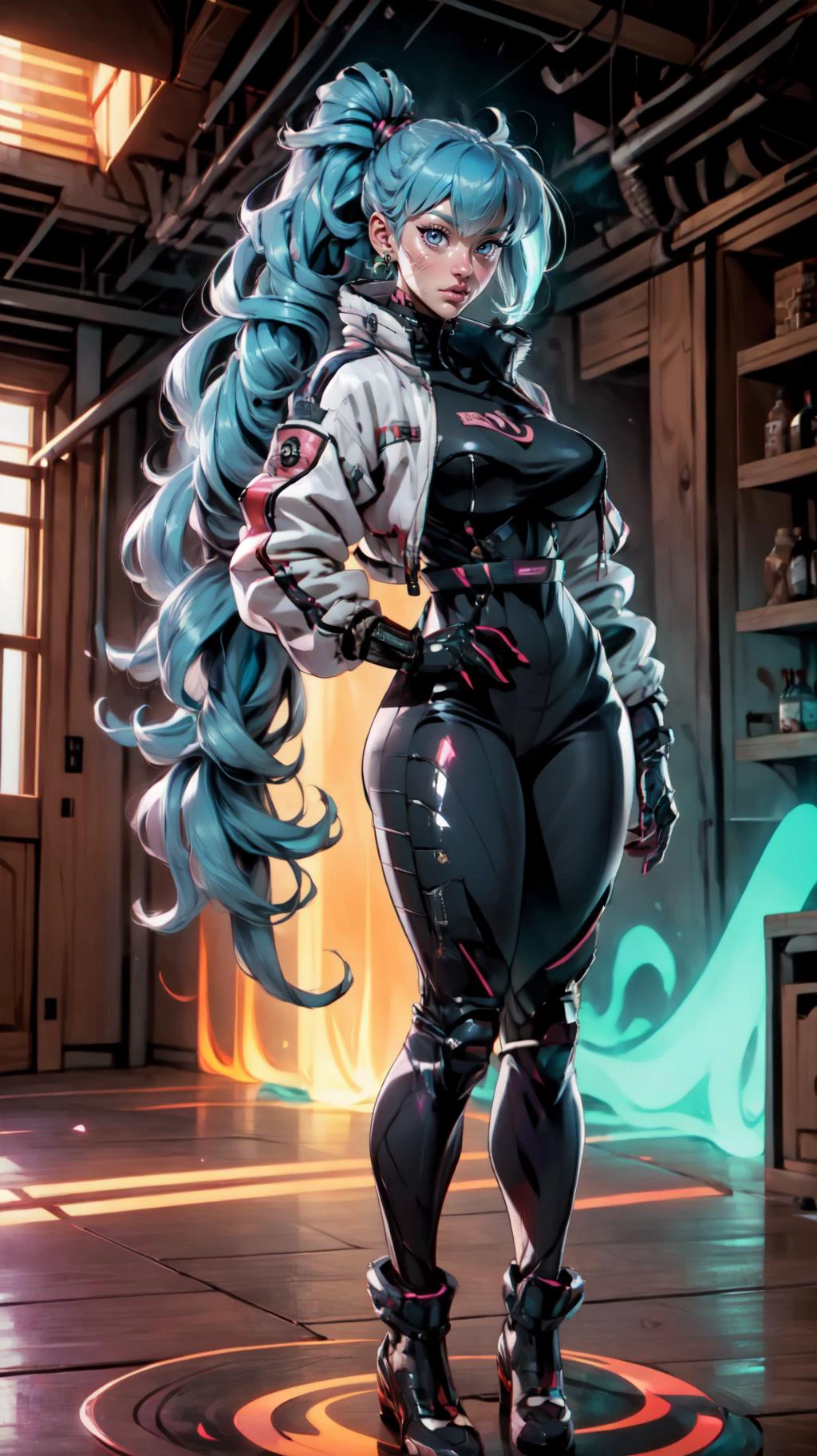 <lora:ultrainstinct_v3_offset:1> ultrainstinct, aura ,glowing, <lora:20240228-1709100402682-0020_1:0.7> Cyberpunk Meca,solo, full body, fur pvc open jacket, nature, teddy bear skin pants,heads together, 2 2girls, multiple girls,, (masterpiece, best quality, ultra-detailed, intricate details),((perfect female figure)),(beautiful detailed eyes, ultra-detailed, intricate details,perfect_face,perfect_hand) ,<lora:Background_Detail_v3:0.8>, <lora:add_detail:0.5> , <lora:GoodHands-vanilla:1>, ( hair over shoulder),
(drill hair:1.2),
bangs,
hairdressing,
light blue hair,
(absurdly long hair),