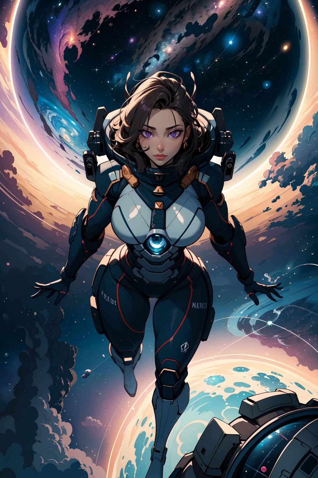 (masterpiece,best quality,absurdres,beautiful,aesthetic,detailed),science fiction,from above,fisheye lens,1girl,curvy woman in power armor flying through space,abstract background,space,planets,stars,nebula,dynamic pose,