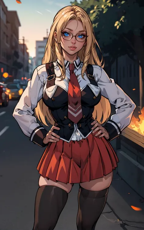 ((masterpiece, best quality)), insaneres, absurdres, solo, outdoors,
CLOTHING_BibleBlack_SchoolDress_ownwaifu, 
1girl, blonde hair,  long hair, blue eyes, 
black vest, red skirt, white shirt, collared shirt, suspenders, school uniform, black thighhighs, zettai ryouiki, necktie, long sleeves, pleated skirt, red necktie, 
(contrapposto, hand on hip)<lora:CLOTHING_BibleBlack_SchoolDress_ownwaifu:1>,
lens flare, depth of field, bokeh, embers, vanishing point, looking at viewer,