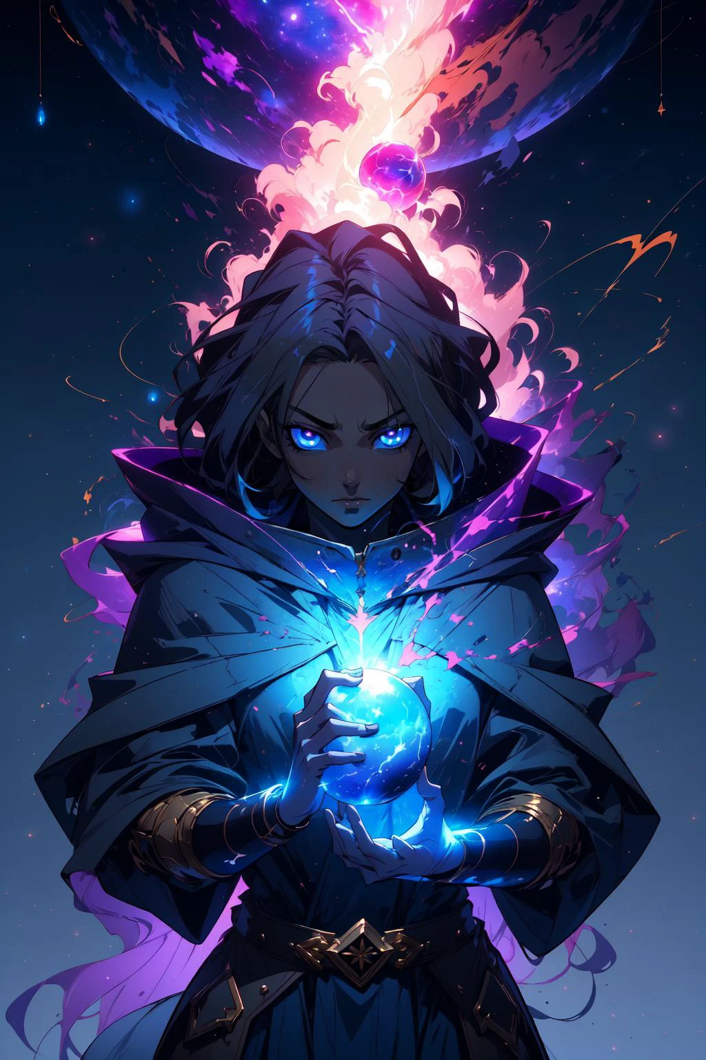 (masterpiece,best quality,absurdres,beautiful,aesthetic,detailed),fantasy,1girl,grey hair,wizard,casting spell,robes,abstract background,space,planets,stars,nebula,blue aura,molten rock,, <lora:r1ge - AnimeRage:0.8> r1ge