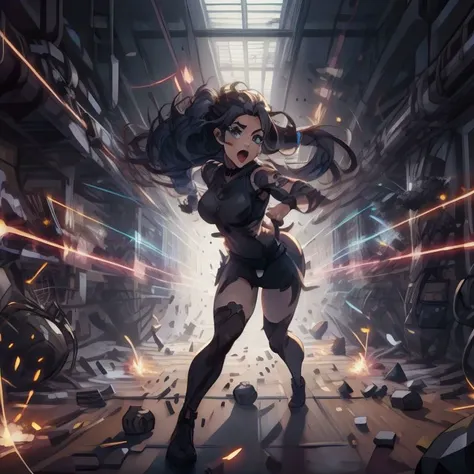 high quality, detailed face, anime, best quality, masterpiece, 4k, 8k, absurd resolution, cinematic lights, intricate detail, detailed hands, detailed eyes, animation, illustration, highly detailed, highres, extremely detailed, detailed background, perfect eyes, perfect face, (black hair), (curly hair),<lora:neg4all_bdsqlsz_V3.5:0.6>, <lora:a_line_hairstyle:0.4> a_line_haircut, a line haircut, (long hair:1.3), <lora:tareme_eyes:1> tareme eyes, (gradient hazel eyes:1.4), 1girl, deep shadow, <lora:curly_hair_slider_v11:2>, <lora:eyebrows_slider_v1:1.6>, pale skin, fat face, <lora:neg_bdsqlsz_V2:1>, <lora:middle_parting_hairstyle:0.4> middle_parting_hairstyle, (middle parting hairstyle:1.4), surprised, <lora:avoidBeam:0.8> firing, laser, debris, explosions, sparks, energy, open mouth, dodging laser, full body, parkour stance, action scene, dynamic, outdoors,