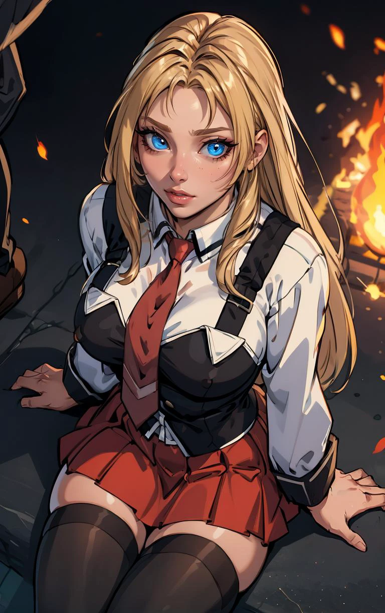 ((masterpiece, best quality)), insaneres, absurdres, solo, outdoors,
CLOTHING_BibleBlack_SchoolDress_ownwaifu,
1girl, blonde hair, long hair, blue eyes,
black vest, red skirt, white shirt, collared shirt, suspenders, school uniform, black thighhighs, zettai ryouiki, necktie, long sleeves, pleated skirt, red necktie,
(from above, sitting)<lora:CLOTHING_BibleBlack_SchoolDress_ownwaifu:0.9>,
lens flare, depth of field, bokeh, embers, vanishing point, looking at viewer,
