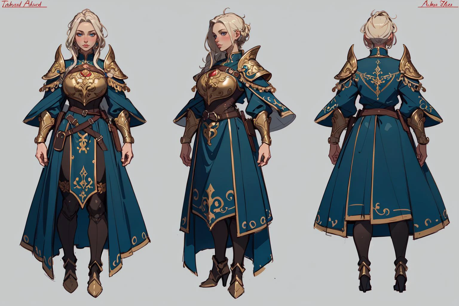 (masterpiece,best quality,absurdres,beautiful,aesthetic,detailed),1girl,concept art of a cleric in ornate armor,tabard,multiple views,medieval