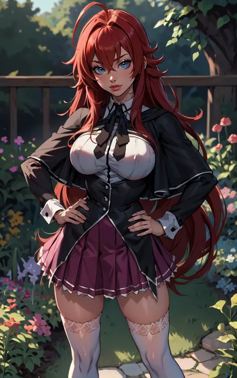 ((masterpiece, best quality)), insaneres, absurdres, solo, looking at viewer,
ANIME_DxD_Rias_Gremory_ownwaifu,
1girl, bangs, long hair, red hair, breasts, large breasts, rias gremory, blue eyes, hair between eyes, very long hair, collarbone, hair intakes, hair over breasts,
black capelet, black corset, collared shirt, kuoh academy school uniform, layered skirt, underbust, school uniform, skirt, shirt, long sleeves, purple skirt, ribbon, miniskirt, neck ribbon, thighhighs, black ribbon,
(contrapposto, hand on hip)<lora:ANIME_DxD_Rias_Gremory_ownwaifu:1>,
depth of field, vanishing point, garden, sidelighting,