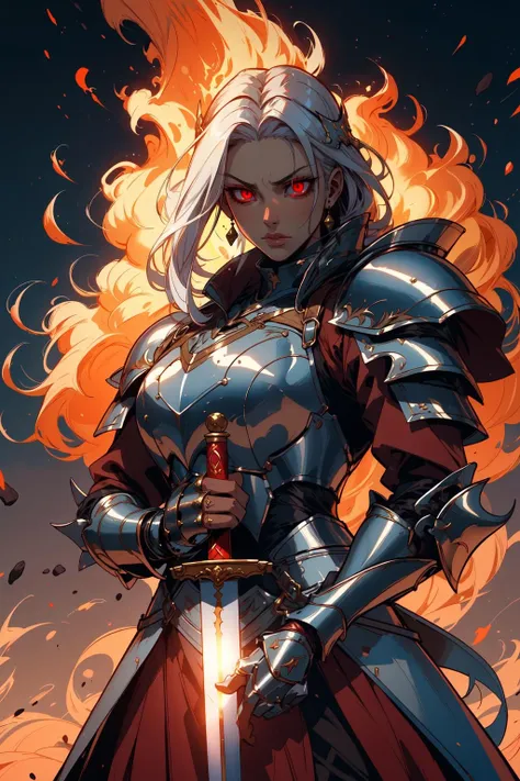 (masterpiece,best quality,absurdres,beautiful,aesthetic,detailed),1girl,solo,cowboy shot,medieval,fantasy,knight,white hair,wearing full armor,holding sword, <lora:r1ge - AnimeRage:0.5> r1ge,fire,red aura