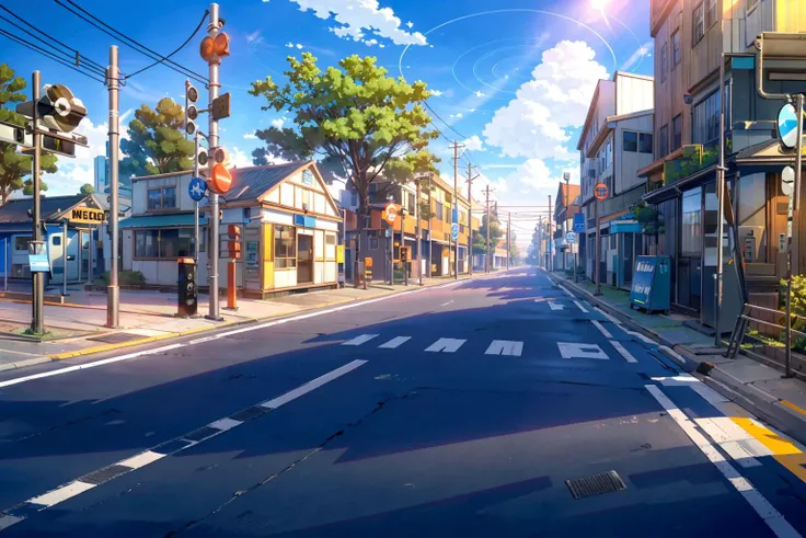 (masterpiece:1.2),best quality,blue archive background,
no humans,outdoors,scenery,tree,sky,cloud,sign,road sign,day,road,blue sky,grass,power lines,shadow,fence,vending machine,utility pole,street,railroad tracks,railroad crossing,train, 
<lora:blue archive background-000018:0.8>,
