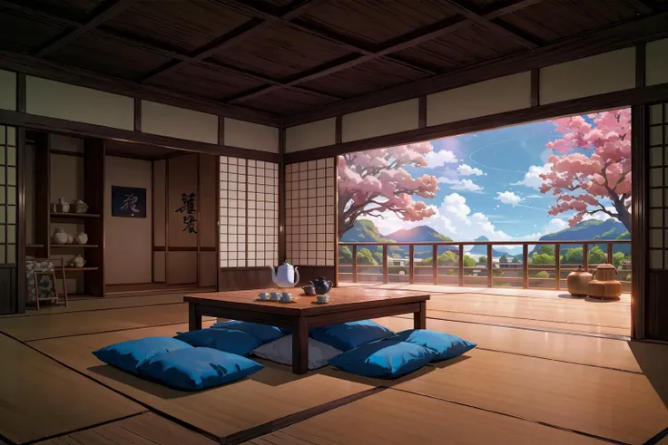 (masterpiece:1.2),best quality,blue archive background,
no humans, scenery, tree, table, tatami, cushion, sky, pillow, indoors, lamp, cup, sliding doors, day, east asian architecture, wooden floor, architecture, bowl, vase, cloud, zabuton, window, shelf, box, sunlight, teapot, basket
<lora:blue archive background-000018:0.8>,