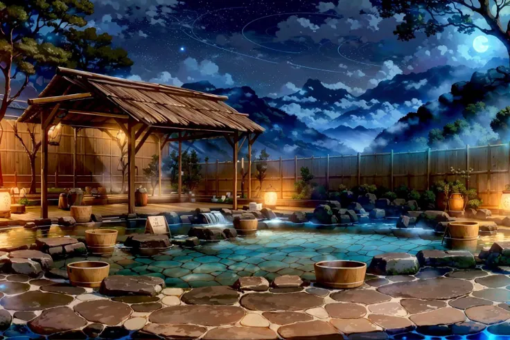 (masterpiece:1.2),best quality,blue archive background,
no humans, tree, bucket, night, sky, scenery, onsen, star (sky), outdoors, night sky, lantern, starry sky, water, wooden bucket, fence, steam, cloud, towel, rock, mountain
<lora:blue archive background-000018:0.8>,
