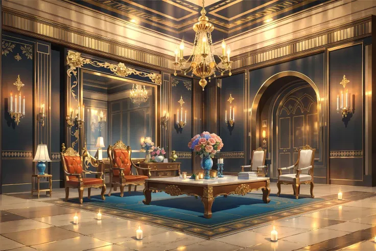 (masterpiece:1.2),best quality,blue archive background,
no humans, scenery, vase, table, chair, flower, indoors, painting (object), candle, reflective floor, architecture, chandelier, lamp, candlestand
<lora:blue archive background-000018:0.8>,