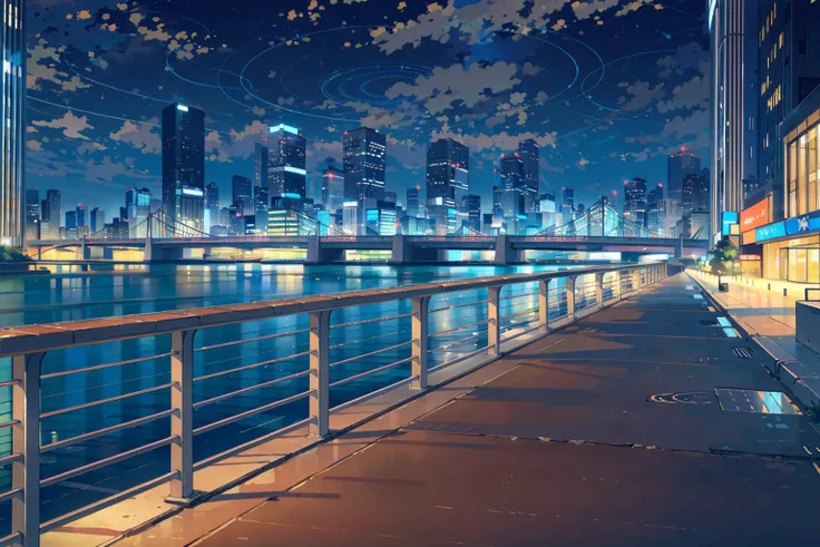 (masterpiece:1.2),best quality,blue archive background,
scenery,no humans,night,sky,cityscape,reflection,city,building,star (sky),skyscraper,outdoors,night sky,city lights,skyline,water,starry sky,lamppost,bench,reflective water,bridge,railing,
<lora:blue archive background-000018:0.8>,