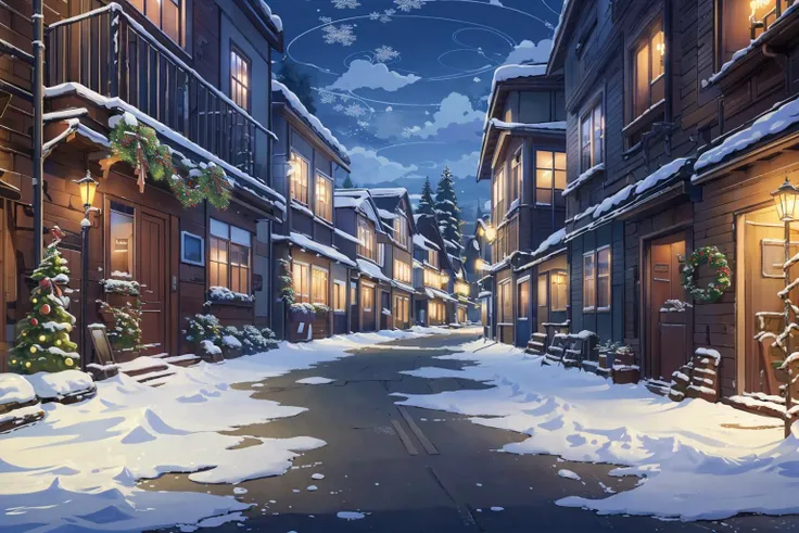 (masterpiece:1.2),best quality,blue archive background,
no humans, scenery, snow, sky, outdoors, window, lamppost, night, building, cloud, door, christmas, house, winter, tree, road, chimney, snowing, night sky
<lora:blue archive background-000018:0.8>,