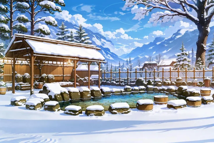 (masterpiece:1.2),best quality,blue archive background,
bucket, snow, no humans, tree, scenery, fence, outdoors, winter, onsen, mountain, wooden fence, water, wooden bucket, sky, nature, bare tree, rock, forest
<lora:blue archive background-000018:0.8>,