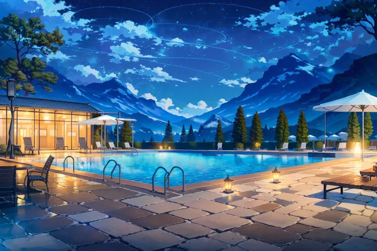 (masterpiece:1.2),best quality,blue archive background,
night, no humans, scenery, sky, star (sky), night sky, tree, outdoors, starry sky, pool, water, cloud, lamppost, building, reflection, mountain, bench, fence
<lora:blue archive background-000018:0.8>,