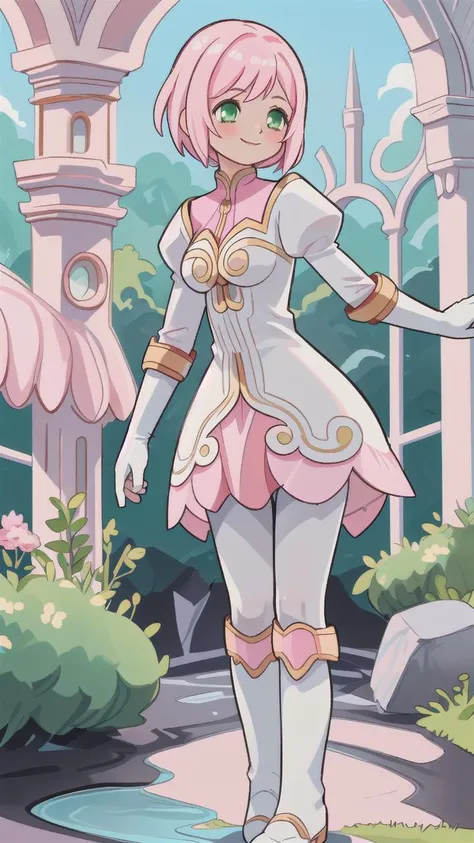<lora:Estellise-08:1>, Estellise Sidos Heurassein, pink hair, short hair, green eyes, small breasts, white and pink dress, ornate dress, pink collar, pink skirt, white boots, white gloves, (black pantyhose, black legwear:1.1), green eyes, mossy castle ruins, Petit Granit, grey-blue limestone, solo, alone, happy, smile, magic, exploration, casting a spell, centered, nature, sunny day, luminous, turning, spinning, standing on ground