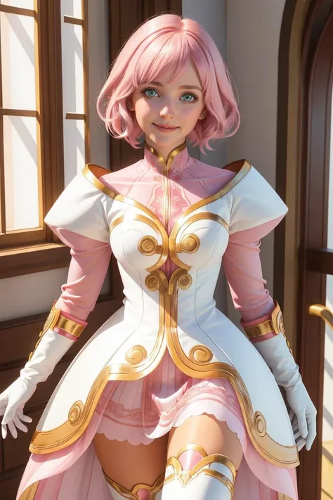 professional photo of Estellise Sidos Heurassein, pink hair, short hair, green eyes, white and pink dress, ornate dress, white boots, white gloves, pink skirt, smile, looking at viewer,
detailed skin, detailed eyes,
volumetric light, highrez, masterpiece, best quality,
<lora:Estellise-08:0.8:MIDD>