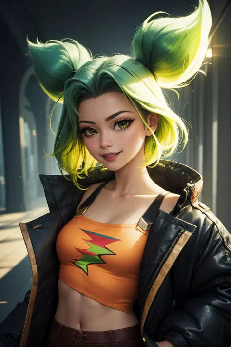 (masterpiece, best quality:1.2), intricate details, <lyco:GoodHands-beta2:1>, <lora:lol_zeri-000014:1>, zeri \(league of legends\), 1girl, tan, shiny skin, twintails, bangs, jacket, green hair, crop top, light smile