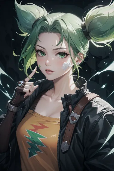 (8k), sharp focus, highres, 1girl, solo, (high quality:1.2), (high detail:1.2), (masterpiece:1.2), (extremely detailed:1.2), <lora:lol_zeri:0.8> zeri \(league of legends\), green hair, twintails, bangs, jacket, collarbone, bandaid on face, open jacket, fingerless gloves, bare shoulders