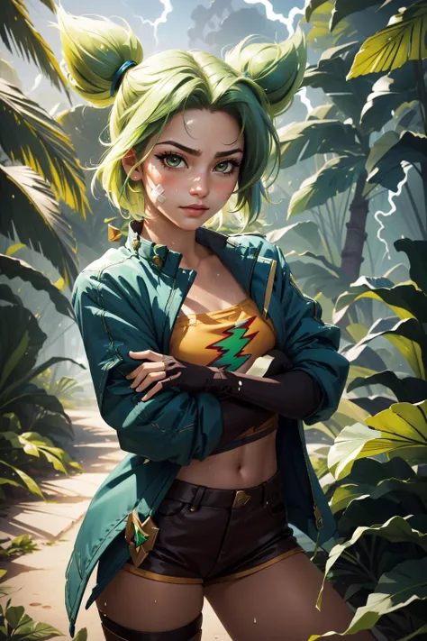 (masterpiece, best quality), intricate details,
1girl, <lora:lol_zeri-000014:0.8> zeri \(league of legends\), 1girl, twintails, bangs, jacket, crop top, green hair, fingerless gloves, bandaid on face, tan
arms crossed, jungle, lightning, sweating, hot, small breasts, boob sweat,