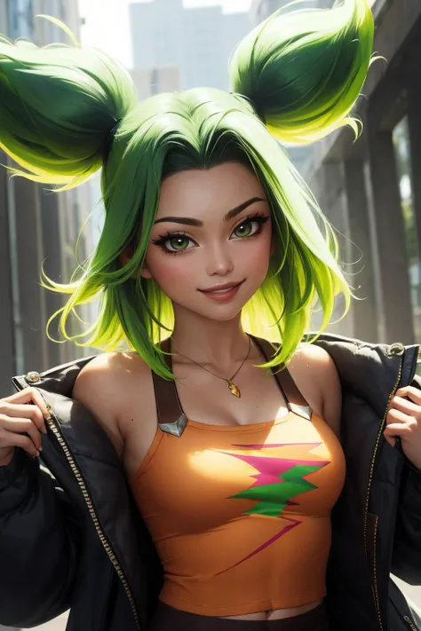 (masterpiece, best quality:1.2), intricate details, <lyco:GoodHands-beta2:1>, <lora:lol_zeri-000014:1>, zeri \(league of legends\), 1girl, tan, shiny skin, twintails, bangs, jacket, green hair, crop top, light smile