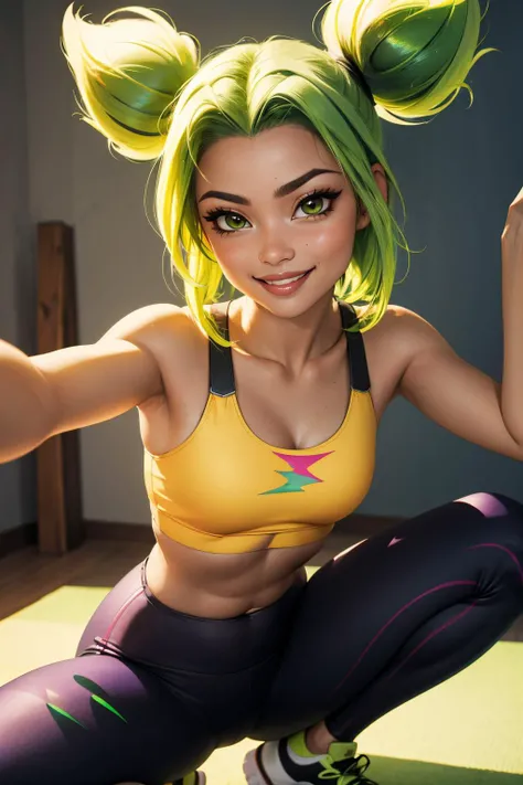 (masterpiece, best quality:1.2), intricate details, <lyco:GoodHands-beta2:1>, <lora:lol_zeri-000014:1>, zeri \(league of legends\), 1girl, twintails, bangs, green hair, light smile, bikini, tan, shiny skin
