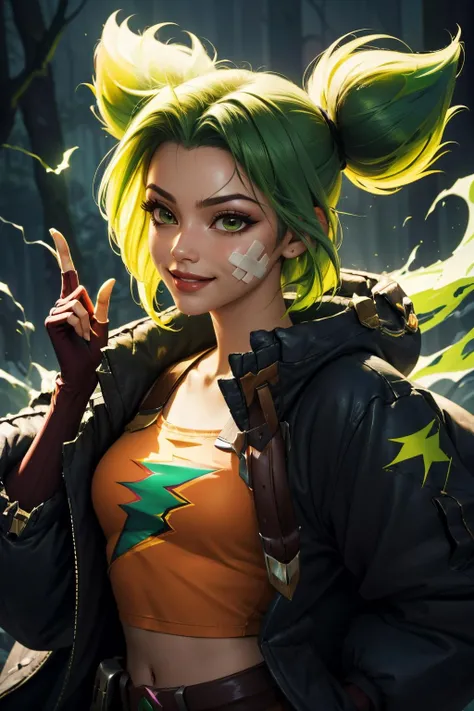 girl, green hair, orange shirt, NFSW, League of Legends
