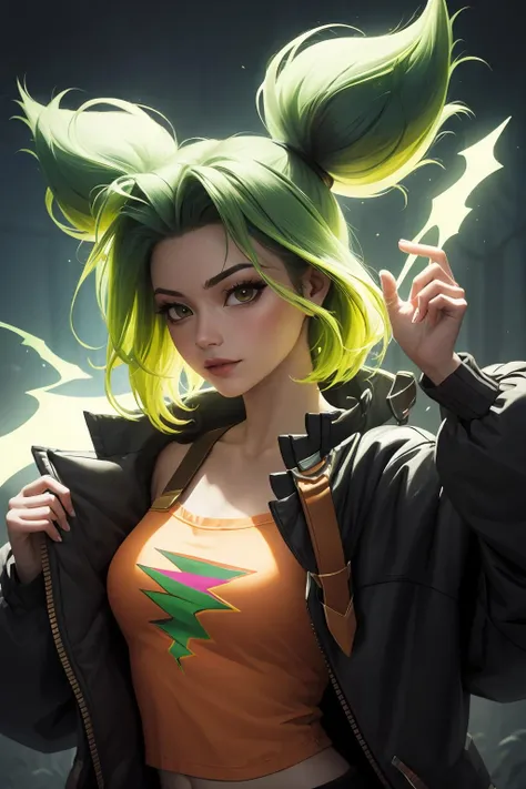 zeri \(league of legends\), league of legends, 1girl, solo, smile, looking at viewer, green hair, twintails, bangs, parted bangs, small yellow eyes, collarbone, bare shoulders, off shoulder, long sleeves, breasts, jacket, blue jacket, open clothes, open jacket, orange tank top, midriff, gloves, black gloves, fingerless gloves, pants, black pants, belt, <lora:zeriFromLeagueOf_zeriV1:1>, steampunk background, trending on artstation, highly detailed, fine detail, intricate, ((rimlight)), (backlighting), (bloom), modelshoot style, synthwave, dreamlikeart, cyborgdiffusion, nvinkpunk,kuvshinov,dreamlikeart,samdoesart
