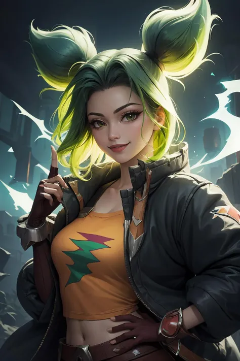 (masterpiece, best quality:1.2), intricate details, <lyco:GoodHands-beta2:1>, <lora:lol_zeri-000014:1>, zeri \(league of legends\), 1girl, twintails, bangs, jacket, green hair, crop top, fingerless gloves, light smile