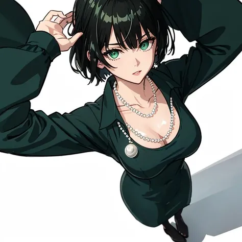 <lora:superpers-000006:0>masterpiece, best quality, high quality, highres, Super perspective, foreshorten,standing,from above,arms up,vague,fubuki,1girl,face,green long dress,white pearl necklace, open shirt collar,black pantyhose,short hair,long sleeves, breasts,female focus,dynamic poses, <lora:Fubuki:0.4>