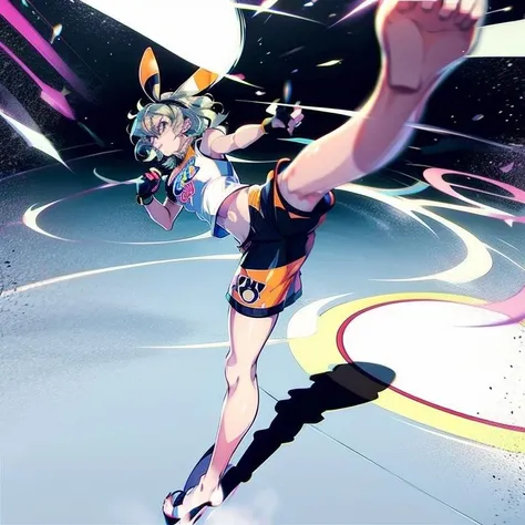 masterpiece, best quality, high quality, highres, Super perspective, 1girl, bea (pokemon), solo, gloves, dark-skinned female, dark skin, hairband, short hair, bodysuit under clothes, single glove, barefoot, grey hair, shirt, short sleeves, black hairband, knee pads, dynamax band, motion blur, black bodysuit, grey eyes, print shorts, kicking, partially fingerless gloves, bow hairband, wristband, full body, orange gloves, print shirt, standing, covered navel, breasts, two-tone gloves, tied shirt, poke ball, ribbon, hair between eyes, bangs, toes, leg up, blonde hair, standing on one leg, signature, feet, white shorts, ultra ball, black gloves, side slit, white shirt, black ribbon, short shorts, side slit shorts <lora:superpers-000006:1>