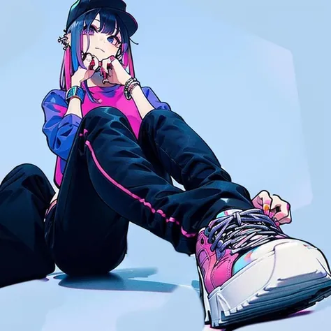 score_9, score_8_up, score_7_up, score_6_up, score_5_up, score_4_up, <lora:Sumi-ePonyXL:1.1>, full body, sumi-e, 1girl, side view, sneakers, shoes, t-shirt, sitting, leaning on wall, tank top, jean shorts, ring, bracelet, anklet, hair accessory, hair, long hair, sidelocks, blue hair, ear piercing, hair ornament, hairclip, looking at viewer, multicolored nails, piercing, multicolored eyes, purple nails, handband, street, cigarette