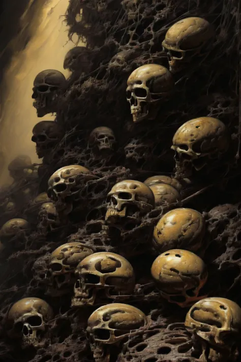 darkened,  group of skeletons, no humans, skull, monster, ribs, skeleton, horror (theme), 6+others, dark art,  nicola samori art,  dark style,  moody, red and black gradient,   <lora:darkened:1>