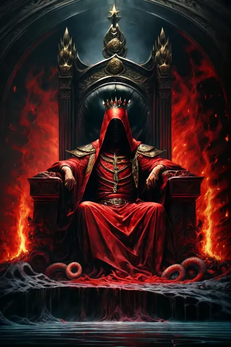 (masterpiece, best quality) , closeup, darkened solo, 1boy, sitting, male focus, crown, tentacles, robe, swords throne, Throne from melting swords, melt , fire, 6 others in back wearing red, Red <lora:darkened:0.8> <lora:add_detail:0.7> <lora:epi_noiseoffset2:0.8>