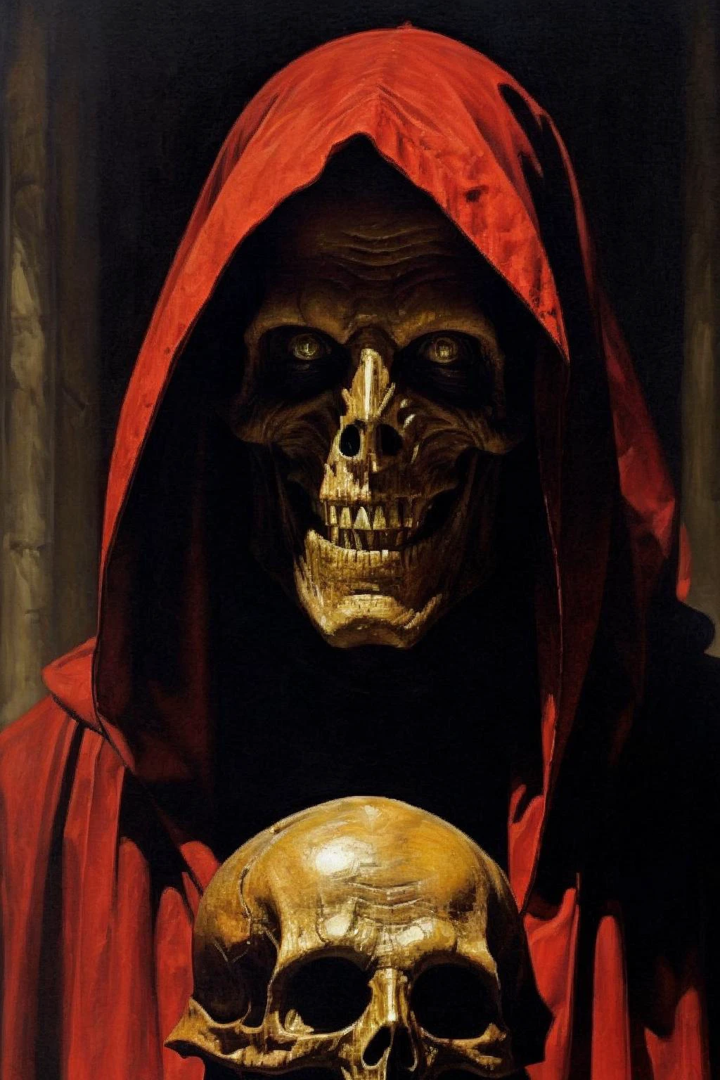 (masterpiece, best quality) , darkened, solo,gloves,1boy,holding,upper body,male focus,teeth,hood,portrait,hood up,skull,horror (theme) <lora:darkened:0.8>