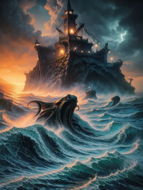 (best quality, masterpiece,highest detailed),darkened,cloudy storm,night,rough seas,(lovecraft,tentacles,Cthulhu,phuoc quan:1.2),full of details,Volumetric Lighting,<lora:darkened:0.7>,<lora:more_details:1>,