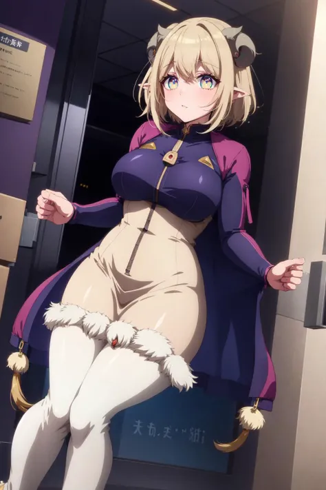 solo, middle-aged woman, large breasts, (yellow eyes:1.3), chubby, very short hair, twist-out, platinum blonde hair, (Muskox ears:1.5) , fullbody,(Zipping up a dress:1.4), (shalwar kameez,pilot suit,tasuki:1.2), grimdark, bored, mall, mythological landscape , day , functional art, ambient lighting, depth of field,kyoani style, kyoani coloring, kyoani screencap , <lora:HoshinoAi_v9:0.7>