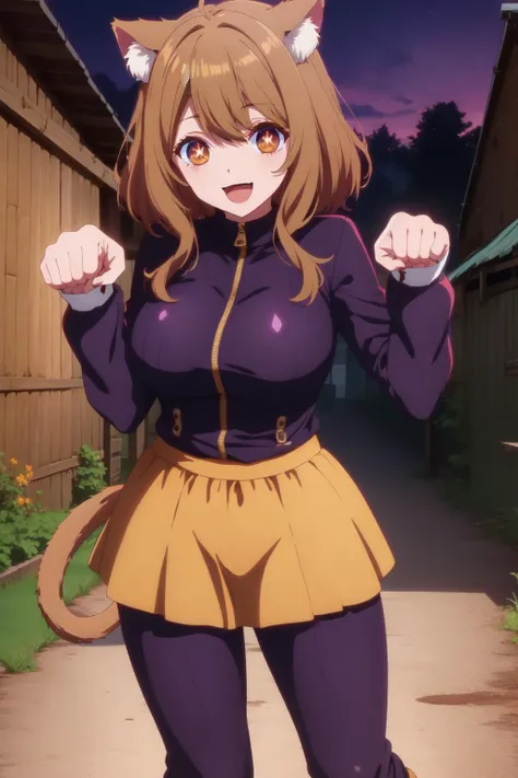 solo, young woman, large breasts, (brown eyes:1.3),(insanely detailed eyes, beautiful eyes:1.1), chubby, medium hair, straight hair, dark blonde hair, cat ears, fullbody,(paw pose:1.4), (cat suit,jumpsuit,microskirt:1.2), atompunk, :d, barn, landscape in color , dusk , neo-expressionism, ambient lighting, depth of field,kyoani style, kyoani coloring, kyoani screencap , <lora:HoshinoAi_v9:0.7>