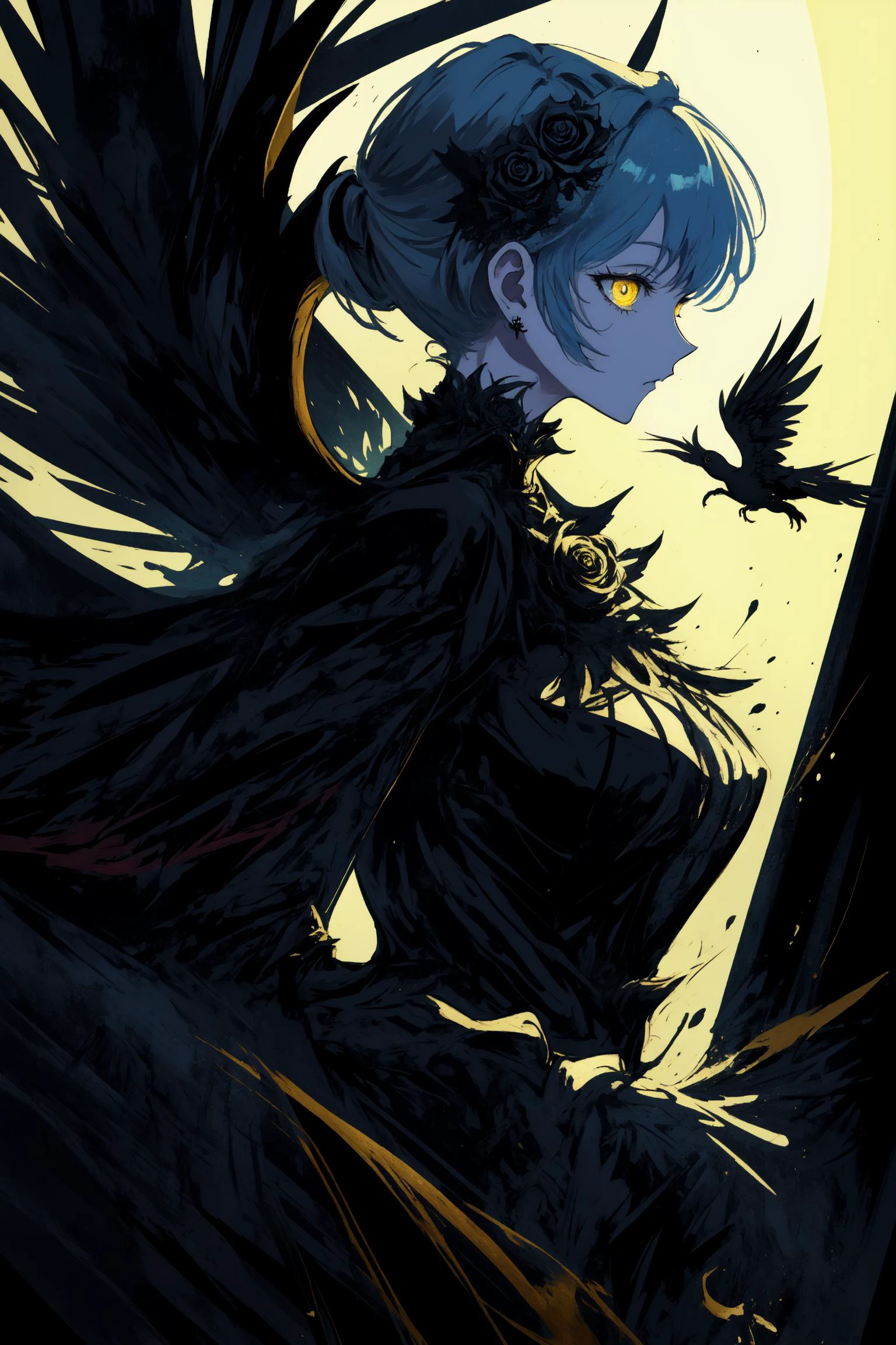 highly detailed water color,airbrush painting,gothic art,
1 woman, large black wings , glowing dark yellow eyes,perfect detail eyes,
black roses background,
birds flying around,
blackrose,blackrosetheme,madebyblackrose,side view <lora:blackrosebykohya_ss-000004:0.3> <lora:Angela:0.8> sishu, lobotomy <lora:beautiful detailed eyes:0.6>