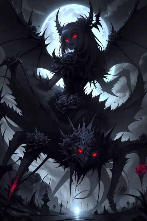 gorgeous and stylish monochrome, eye coloring,strong color contrast, extremely detailed 16k cg wallpaper,dark night,back light,
(solo,sharp fangs, full of malice, extremely evil, ominous,
1 imitate black rose's spider girl,imitate black rose's body,red glowing eyes,unintelligent beast :1.3),
(black rose theme, brightness absorbing flowers:1.3), extremely dangerous atmosphere, ultra high res <lora:blackrose:0.75> blackrose, blackrosetheme, madebyblackrose, <lora:spider_girl_v1:0.8>