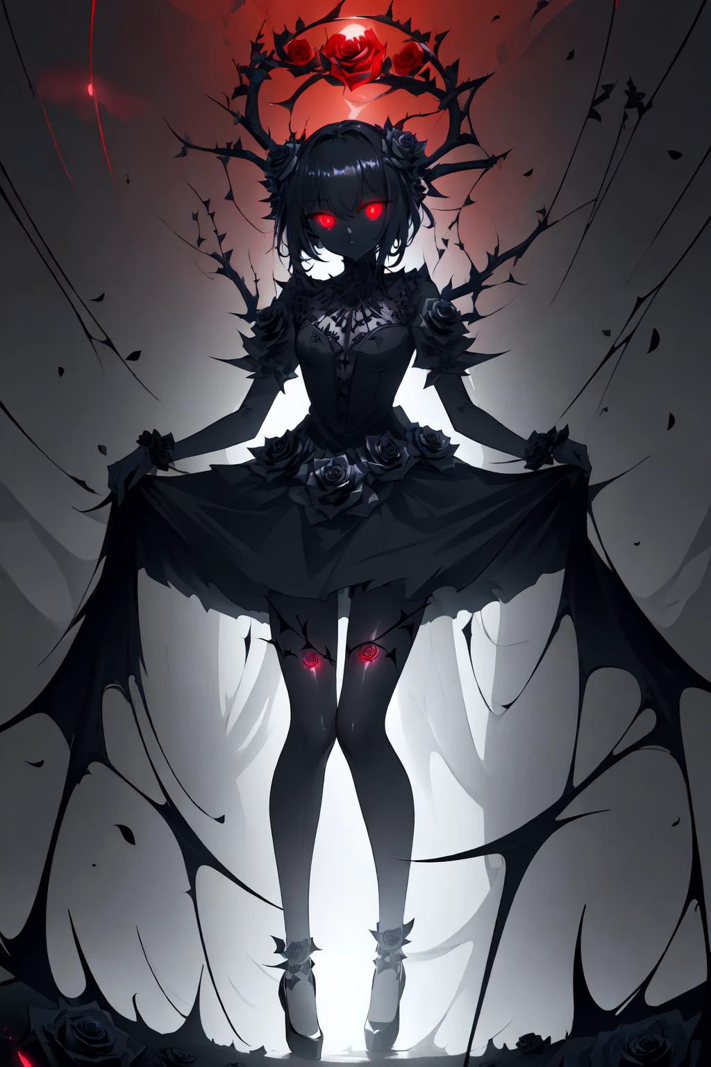 gorgeous and stylish monochrome, eye coloring,strong color contrast, extremely detailed 16k cg wallpaper,
(solo,
1 imitate black rose's spider,imitate black rose's body,imitate black thorn's legs, red glowing eyes :1.3),
(black rose theme, brightness absorbing flowers:1.3), extremely dangerous atmosphere, ultra high res <lora:blackrose:0.5> blackrose, blackrosetheme, madebyblackrose,